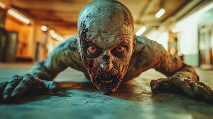 A grotesque zombie crawls towards the viewer from the floor in a dimly lit space, revealing its decayed features and unsettling expression, creating a chilling atmosphere.