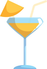 Refreshing yellow cocktail is served in a martini glass, garnished with a slice of fruit and a straw