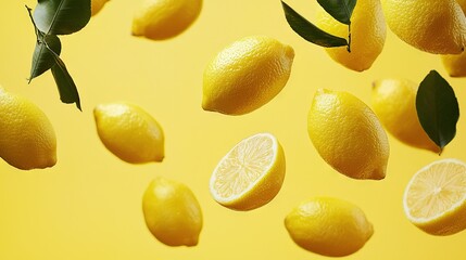   A cluster of lemons on a yellow canvas, framed by foliage, with a wedge of lemon positioned centrally
