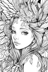 Fototapeta premium A delicate floral portrait of a young woman with intricate details in her hair and skin, perfect for a serene and artistic coloring experience