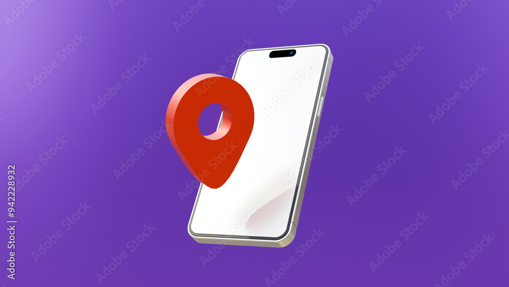 Poster gps and navigation symbol and blank screen smartphone on purple background. map pin icon on blank sc