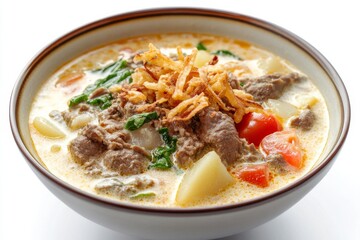 Betawi Soup, Originating from Jakarta, this rich and creamy soup is made with beef or offal cooked in coconut milk, and seasoned with spices. isolated on white background