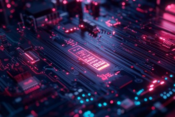Obraz premium This image shows a detailed closeup of modern microchip circuitry, showcasing advanced electronics technology with intricate design elements that captivate the viewers attention