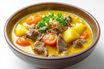Betawi Soup, Originating from Jakarta, this rich and creamy soup is made with beef or offal cooked in coconut milk, and seasoned with spices. isolated on white background