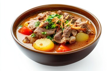 Betawi Soup, Originating from Jakarta, this rich and creamy soup is made with beef or offal cooked in coconut milk, and seasoned with spices. isolated on white background