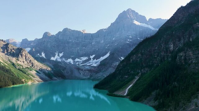 Rocky Mountains, Canada. Top cinematic aerial view. Chephren Lake, Jasper National Park, Alberta. 4K drone footage. Canadian wild nature and landscape from above