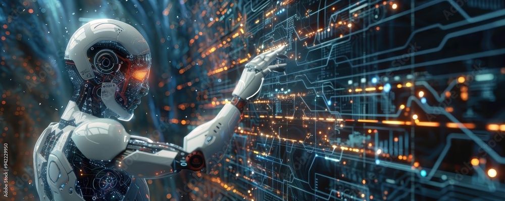 Wall mural futuristic robot interacting with digital interface, representing advanced ai technology, innovation