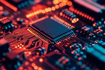 Fototapeta premium This is a detailed and closeup view of the intricate circuitry found within a microchip, showcasing the sophisticated design and advanced modern electronics technology that powers our devices