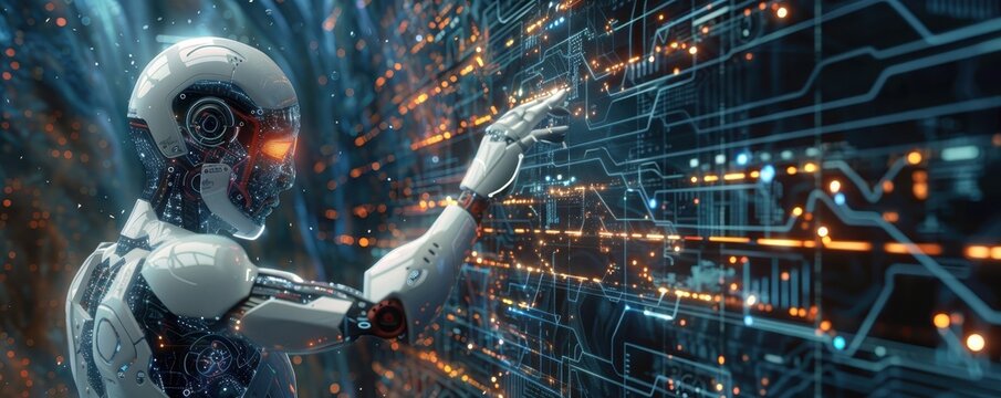 Futuristic robot interacting with digital interface, representing advanced AI technology, innovation, and artificial intelligence in science fiction.