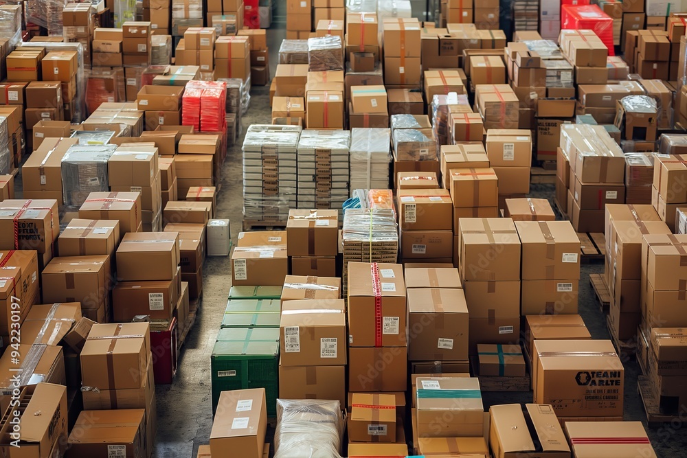 Poster aerial view of a busy warehouse filled with stacks of cardboard boxes and packages, prepared for shi