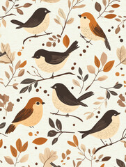 A colorful, illustrated pattern features autumn leaves and British birds on a cream background. nature-inspired designs.
