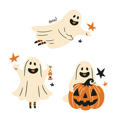 Set of cute ghost stickers for Halloween celebration, flat style illustration