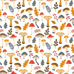 Fototapeta premium autumn seamless pattern with mushrooms, leaves and berries. Vector illustration in doodle style, flat style