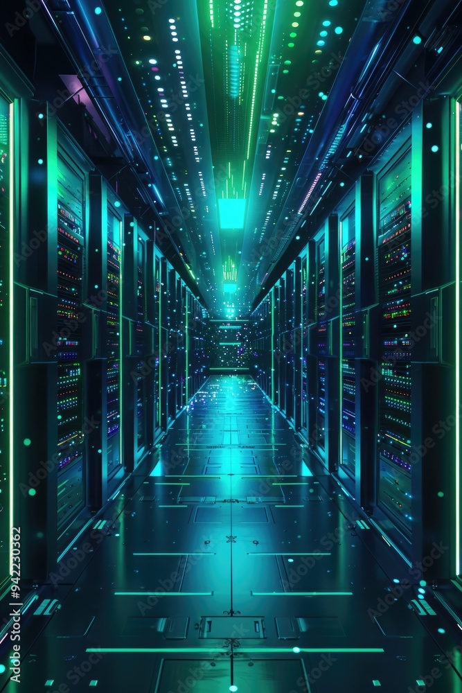 Aufkleber Rows of servers and computer equipment in a data center hallway