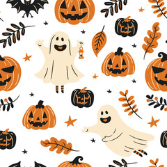 seamless background with cartoon halloween illustrations in autumn composition, vector flat style
