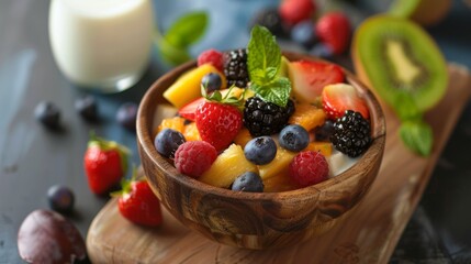 fruit salad inside bowl beside glass of milk on brown board