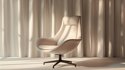 Fototapeta premium Modern cream armchair with black legs in a white room with drapes.