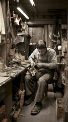 Traditional shoemaker working in his workshop