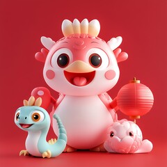 Naklejka premium Cute cartoon characters with a festive theme, featuring a pink creature and two companions.