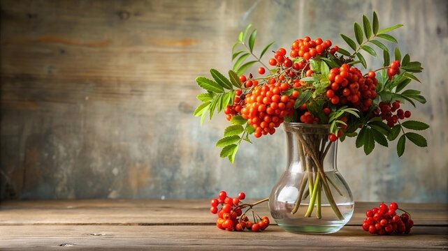 Rowan in a glass vase. Rowan branches in a vase. Rowan fruit on twigs. Vintage look of autumn rowan twigs. Copy space