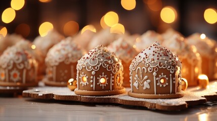 Obraz premium Christmas gingerbread house decoration on white background of defocused golden lights. Hand decorated.