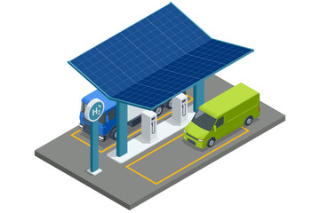 Isometric Hydrogen fuel powered transport. Hydrogen fuel car charging station with dispensers for H2 vehicles. Green energy