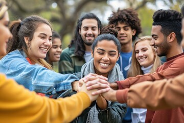 Obraz premium A group of people are hugging each other, with one girl wearing a scarf, generative ai image