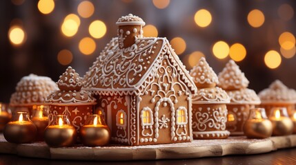 Christmas gingerbread house decoration on white background of defocused golden lights. Hand decorated.