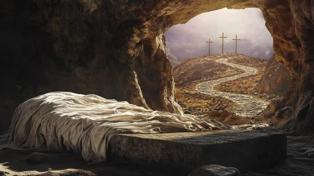  The Empty Tomb of Jesus, Overlooking the Hill of Golgotha Where the Crosses Stand, a Solemn Reflection of the Crucifixion and Resurrection