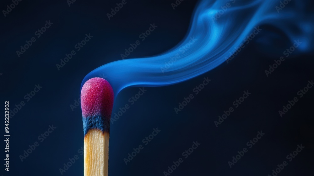 Wall mural A matchstick with blue smoke and a red tip, AI