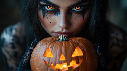 Sexy brunette woman in Halloween makeup and lingerie holds a pumpkin on black background. Halloween concept