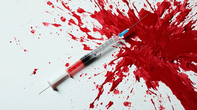 A stark view shows a white table stained with red blood and a syringe teetering on the edge.