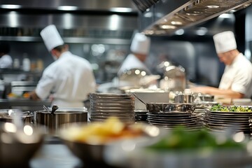 In a lively and bustling restaurant kitchen, chefs are skillfully preparing a variety of exquisite dishes using various culinary tools, showcasing their exceptional culinary expertise in gastronomy