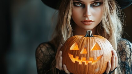 Sexy brunette woman in Halloween makeup and lingerie holds a pumpkin on black background. Halloween concept