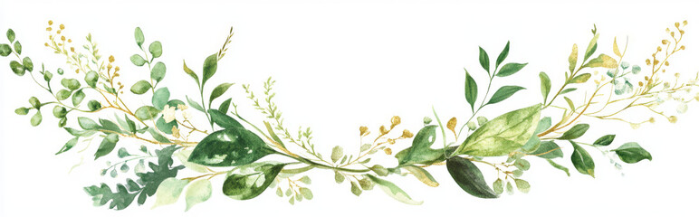 Obraz premium Elegant watercolor illustration of green leaves and gold accents forming a floral border, perfect for invitations, wedding designs, and nature-themed decor.