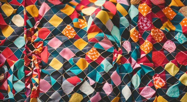 Close up of colorful patterned quilt fabric textures 4k animation