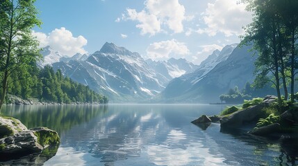 Naklejka premium Mountain Stream Flowing Through a Lush Valley on a Sunny Day