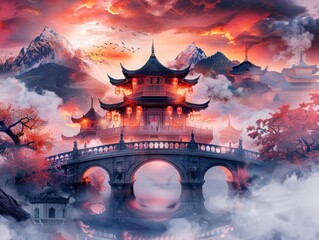 Obraz premium Peaceful Buddhist temple, Fantasy, Tranquil, Watercolor, Highlighting serenity