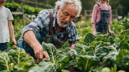 Fototapeta premium A gentle scene of elderly man caring for kids in a lush green environment