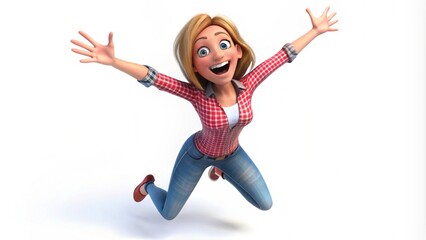 "Happy Cartoon Woman Jumping with Hands Up - 3D Style Illustration"