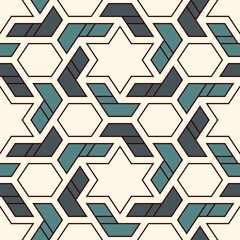 Oriental ancient mosaic seamless pattern. Ethnic ornament. Repeated geometric figures, hexagons, stars motif surface print. Ornamental wallpaper. Geo design digital paper. Vector abstract background