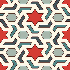 Oriental ancient mosaic seamless pattern. Arabesque ornament. Repeated geometric figures, hexagon, star motif surface print. Ornamental wallpaper. Geo design digital paper. Vector abstract background