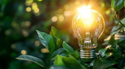 A bright bulb in greenery symbolizes the potential of renewable energy and environmental stewardship, representing a hopeful transition to clean, sustainable energy sources for the planet