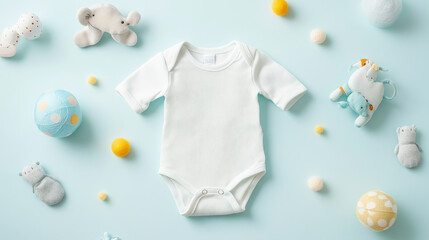  a blank baby romper and toys designed for showcasing infant clothing designs 