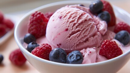 pink ice cream with red and blue berries on top