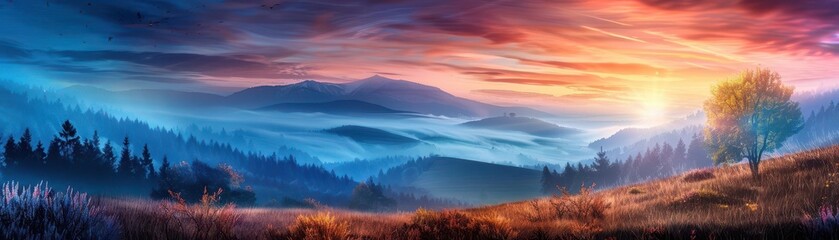 Fototapeta premium Picturesque countryside with rolling hills, Fantasy, Charming, Watercolor, Highlighting rural beauty