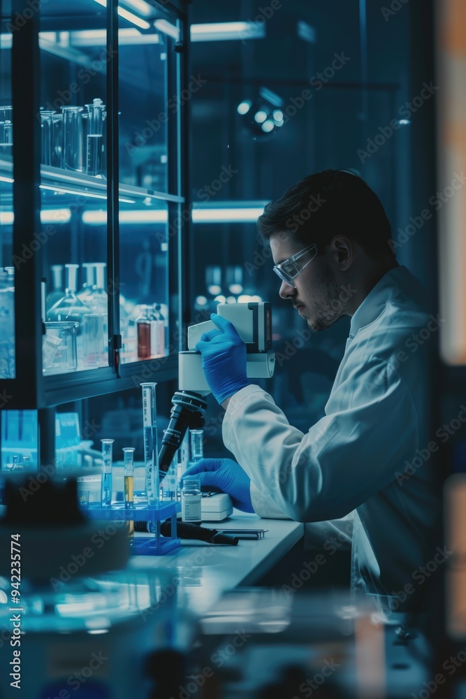 Aufkleber a scientist in a lab coat works at a laboratory bench, focused on his experiment