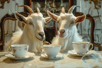 Two goats enjoying tea time with cups and saucers