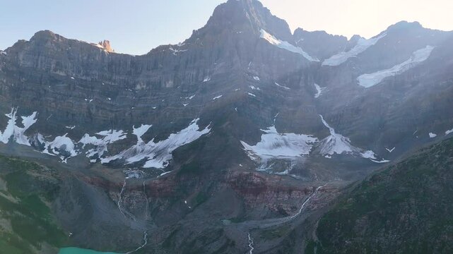 Rocky Mountains, Canada. Top cinematic aerial view. Chephren Lake, Jasper National Park, Alberta. 4K drone footage. Canadian wild nature and landscape from above