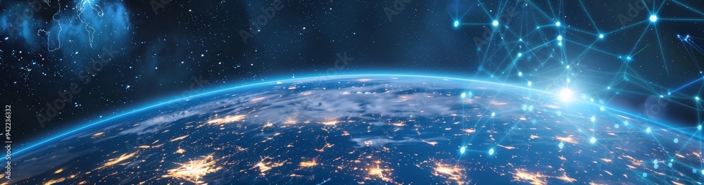 Poster a digital illustration showcasing a view of earth from space, illuminated by cities and interconnect